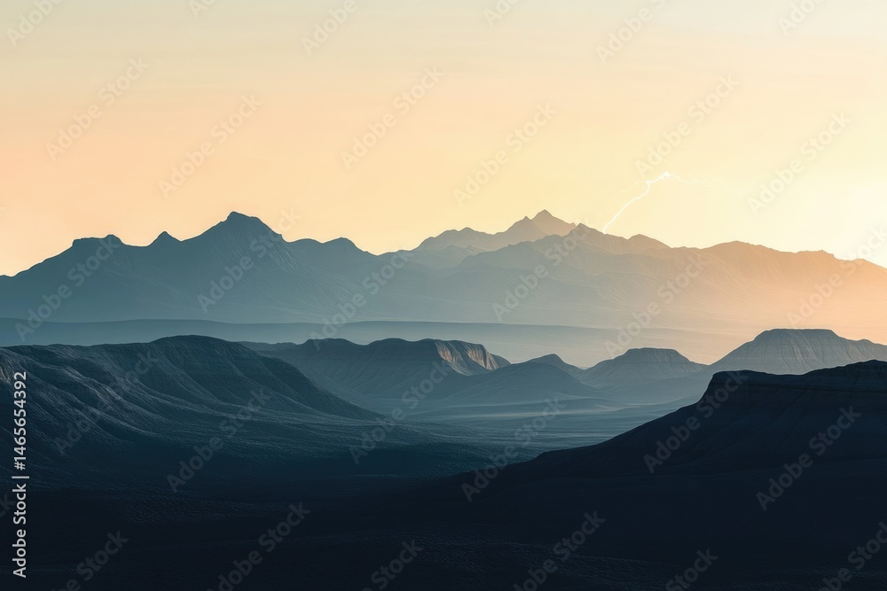 Naklejka premium Serene sunset over layered mountains, a lone lightning strike illuminating the scene.