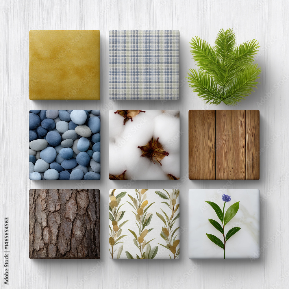 A variety of textures and patterns, including a leafy plant, a piece of wood
