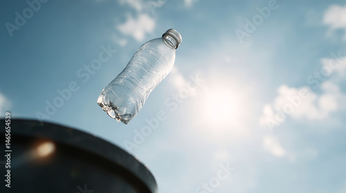 Plastic bottle flying mid air, being thrown into a recycling bin, promoting environmental awareness and responsible waste disposal