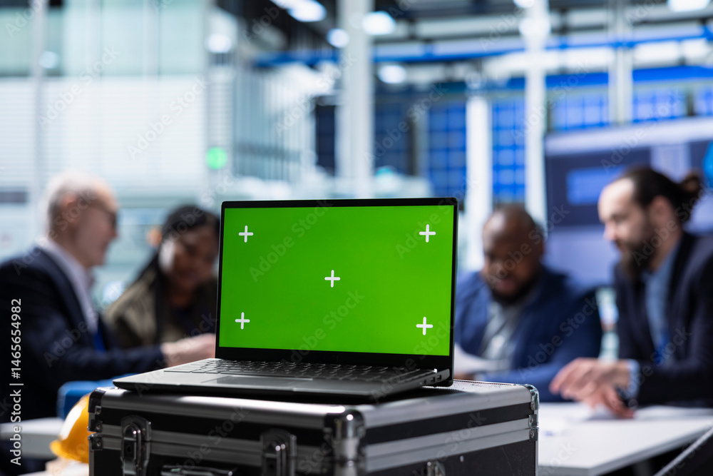 Factory scientists doing research and development, working on manufacturing automation using mockup laptop. Industrial plant experts analyze technical data on chroma key notebook