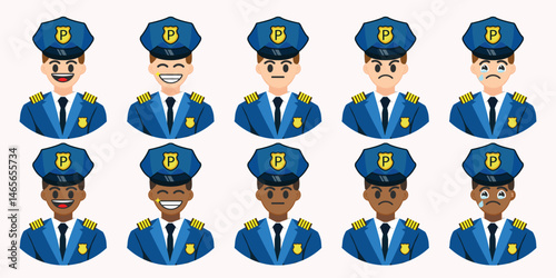 Vector police officers show different emotions, ranging from happy to sad, creating an array of diverse facial expressions in a simple style.
