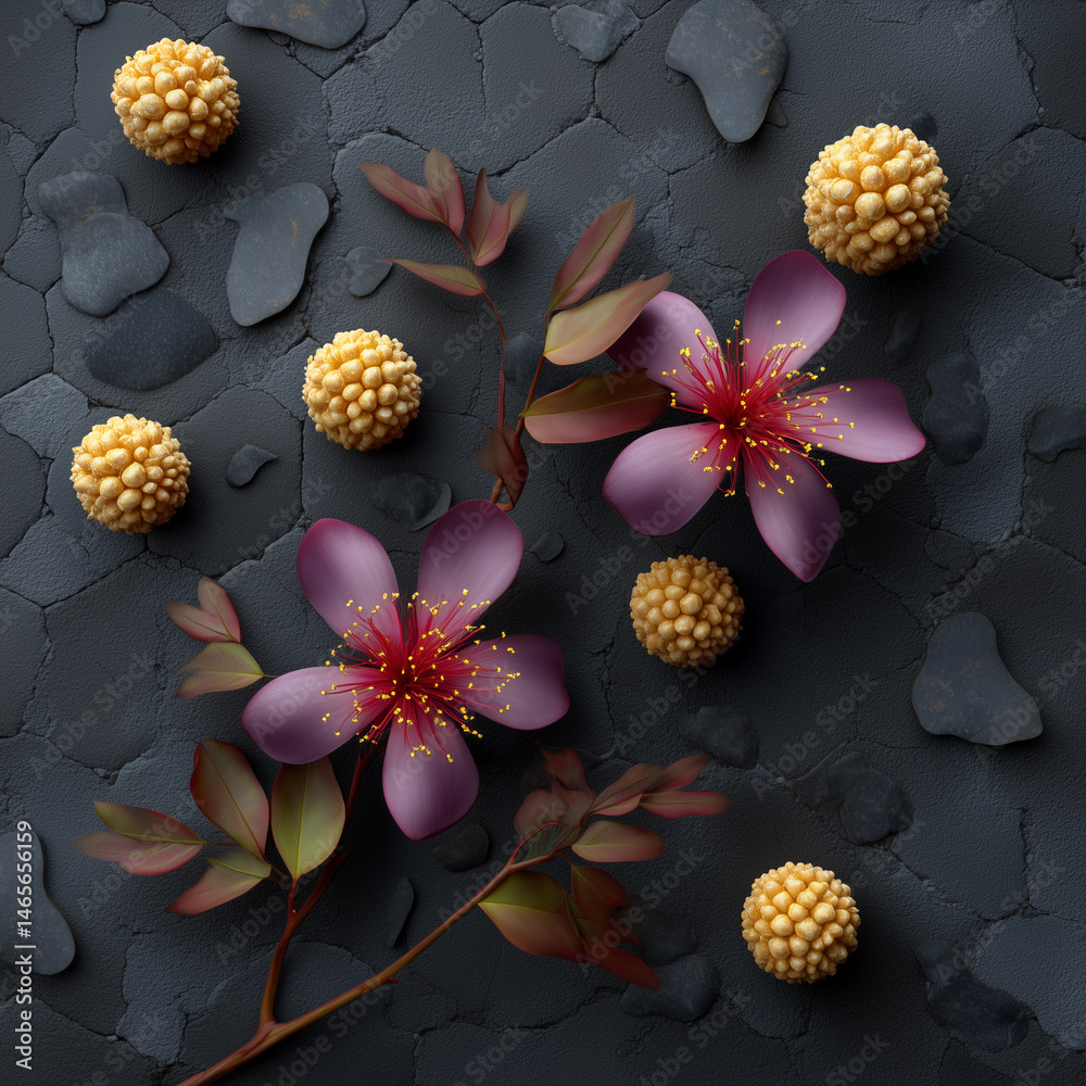 A close up of two purple flowers with yellow flowers scattered around them