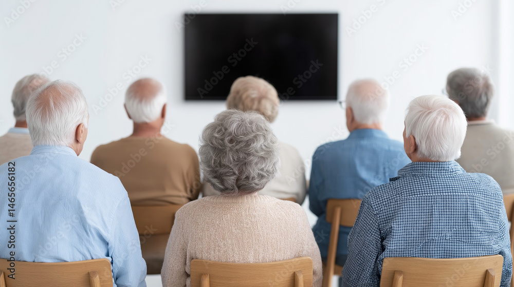 Obraz premium Elderly residents watching movie together, sharing leisure moment in nursing home's comfortable communal living area