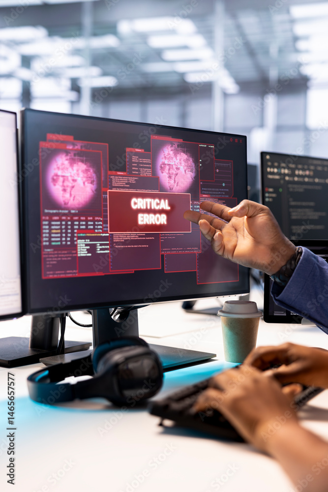 Admin in server hub trying to protect hardware from hacker attack stealing sensitive information. Data center employee struggling to erase virus after seeing security breach alert on monitor
