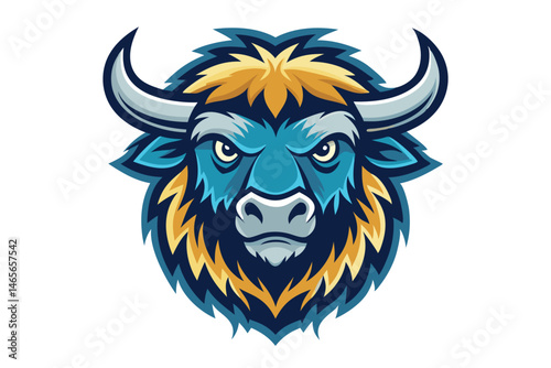 Illustrated fierce blue bison head showcases sharp horns and a determined facial expression