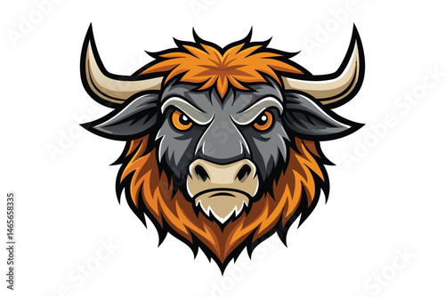 Ferocious bull head mascot shows piercing orange eyes and determined look