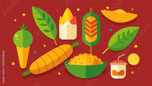 A celebration of Mexican street food with items like grilled corn on the cob stuffed empanadas and fried plantains.. Vector illustration