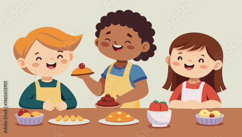 A trio of children eagerly preparing dessert empanadas excitedly dreaming up creative combinations of chocolate fruit and nuts to fill the flaky pastries.. Vector illustration
