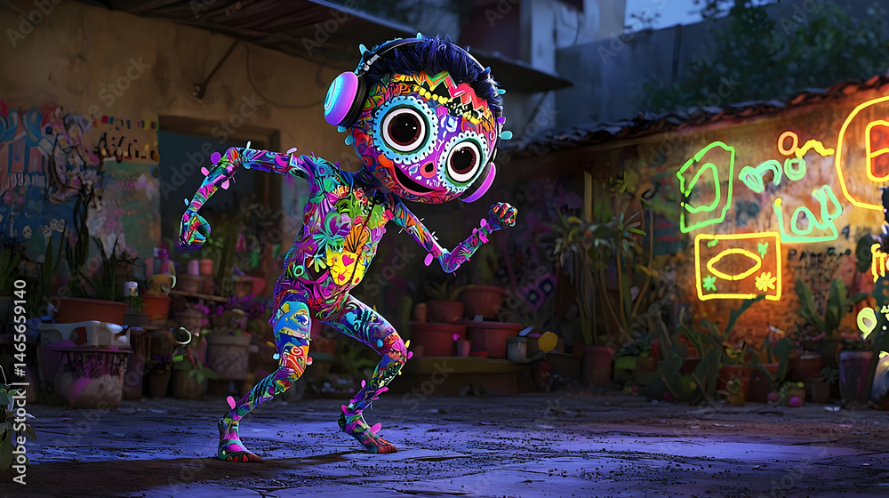 Fototapeta premium Colorful Pixelated Character Dancing In Neon Lit Urban Scene