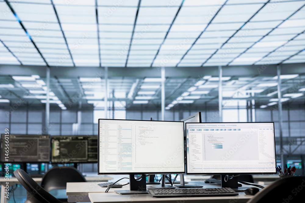 Code running on computer displays in empty data center workspace, used for troubleshooting rackmounts. Binary script running on desktop PC monitors upgrading mainframes systems in server room