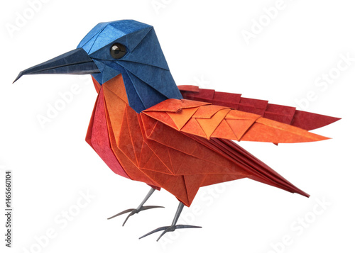 colorful origami bird with intricate details isolated on white background.