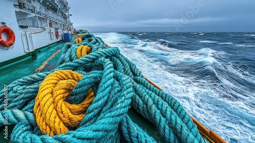 Nautical ropes on ship deck over stormy sea