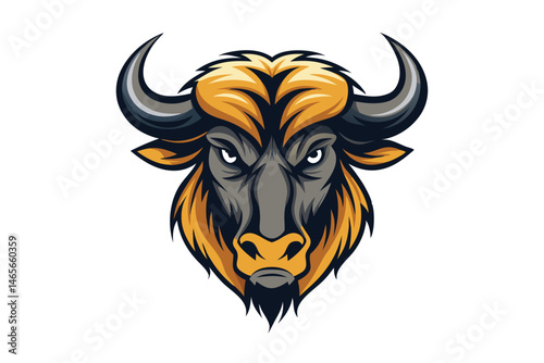 Stern wildebeest gazes forward with imposing horns and a distinctive orange and gray mane
