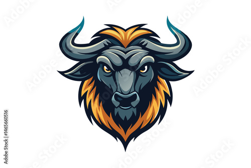 Ferocious wildebeest head with sharp horns looks aggressively forward on the bright white background
