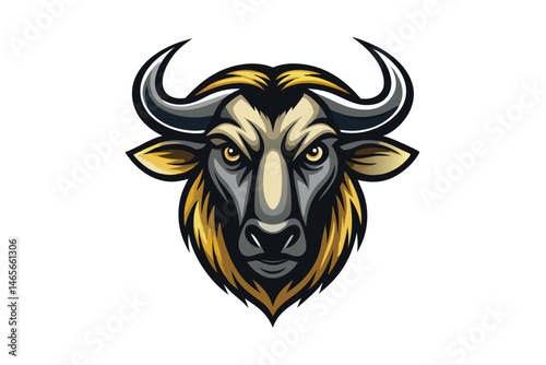 Goldeneyed wildebeest face features curved horns, black muzzle and golden accents show strength