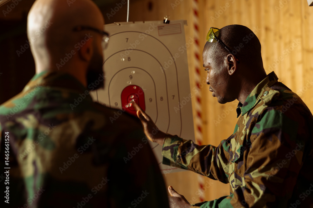 Army soldiers at shooting gallery participate in elite level marksmanship training program, hitting targets, comparing results. Military units at firing range doing shooting course, shooting bullseyes