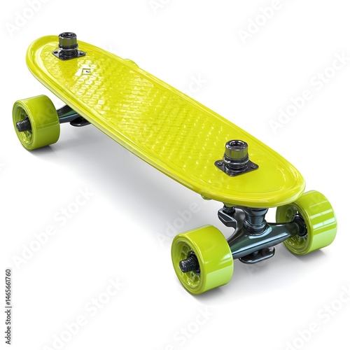 Glossy chartreuse 3D skateboard with vibrant plastic texture elevates playful streetwear accessories for adventurous trendsetters