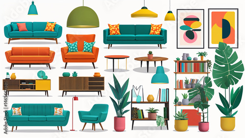 Mid-Century Modern Living Room Set illustrati.Generated with AI