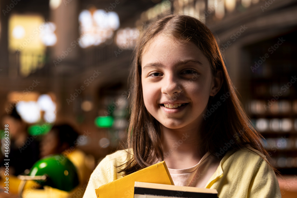 Portrait of clever caucasian scholar posing with her textbooks in the library, feeling ambitious to finish school with perfect grades. Teenage girl preparing for her exams, academic focus.