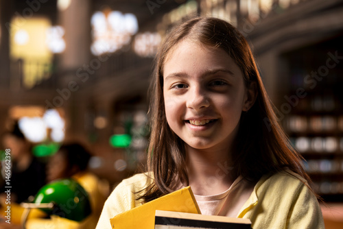 Obraz na płótnie Portrait of clever caucasian scholar posing with her textbooks in the library, feeling ambitious to finish school with perfect grades. Teenage girl preparing for her exams, academic focus. w salonie