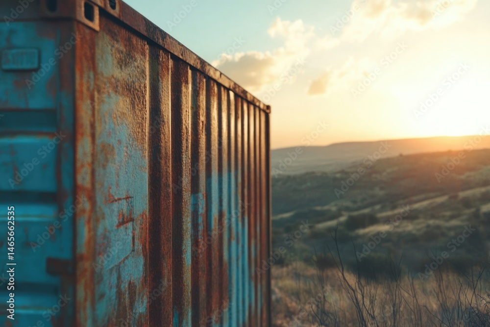 Naklejka premium Rusty blue container overlooks a scenic sunset landscape, capturing the golden hour's beauty.