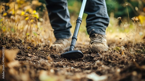 Man Using Metal Detector In Forest Searching For Treasure Photo