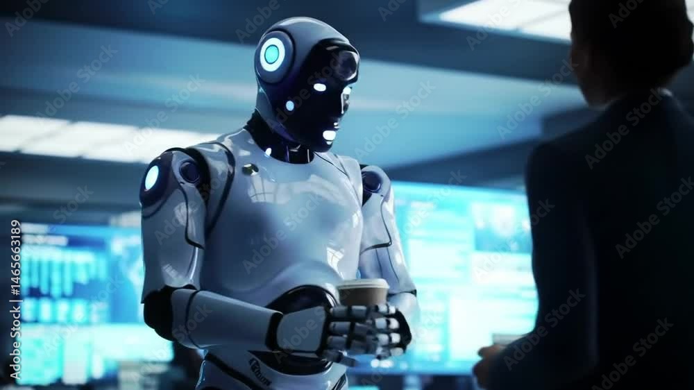 Futuristic robot ai android holding coffee cup in office environment technology automation Futuristic robot ai android holding coffee cup in office environment technology automation