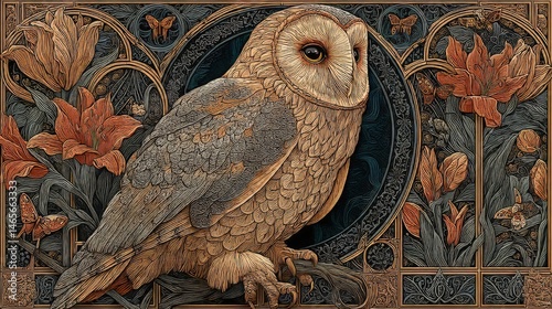 Ornate Art Nouveau Barn Owl with Floral Border in Wood Texture and Dark Background