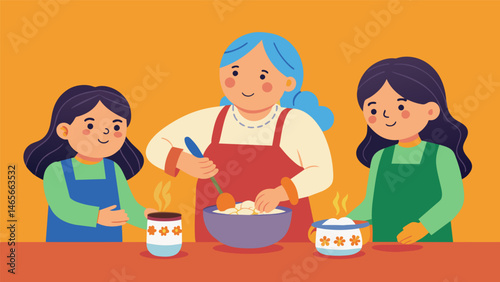 A taste of tradition in every bite as a grandmother carefully stirs the Andean quinoa dish passing down the recipe to her grandchildren.. Vector illustration