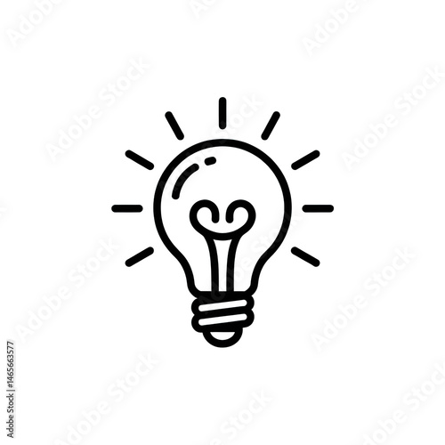 A simple line drawing of a lightbulb with radiating lines on a solid design on transparent background