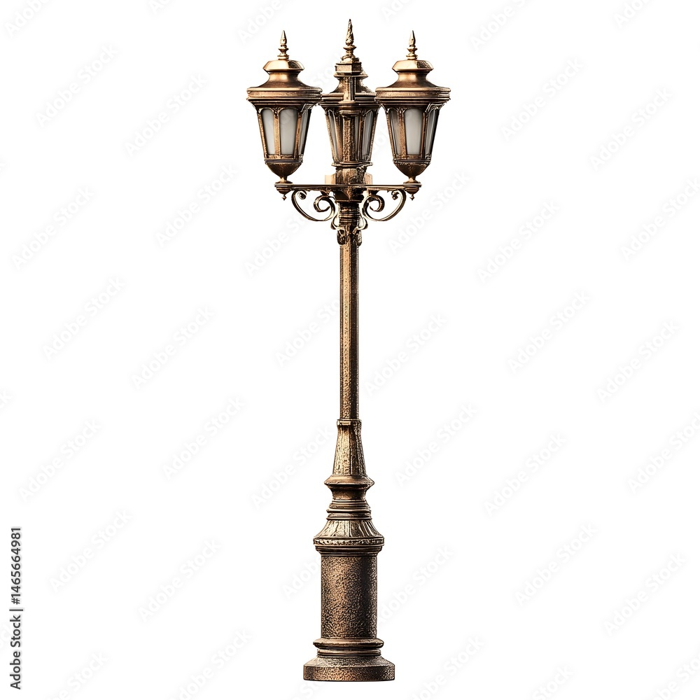 Naklejka premium Vintage matte antique brass 3D streetlamp with embossed metal details evokes nostalgic urban ambiance accents