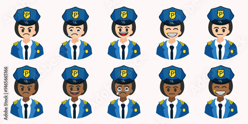 Vector female officer shows different emotions. Officer avatars display feelings of joy, sadness, anger, and others in a simple and clear set of digital icons.