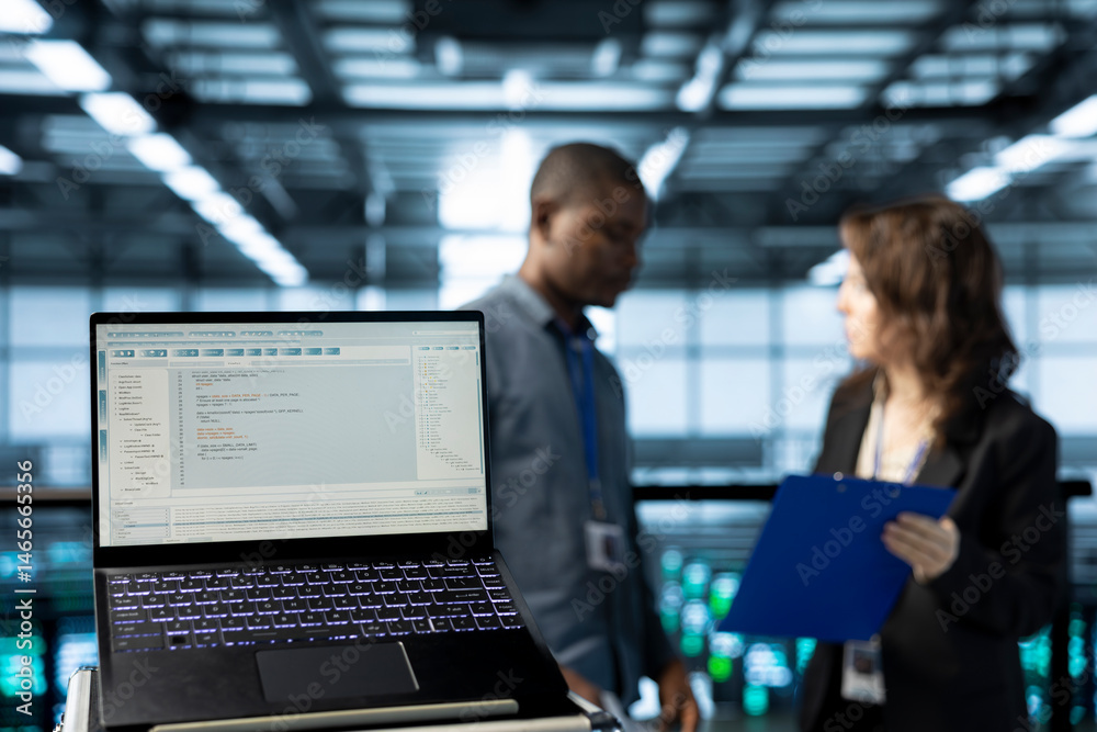 Close up of code lines on laptop screen in front of data center engineers checking documents. Focus on programming language on notebook display next to team of server farm admins reading paperwork