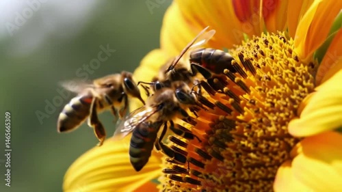 Bees Collecting Nectar on a Bright Yellow Flower  