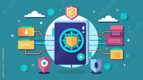 A data vault where powerful algorithms and toplevel encryption safeguard the most sensitive information in a virtual fortress.. Vector illustration