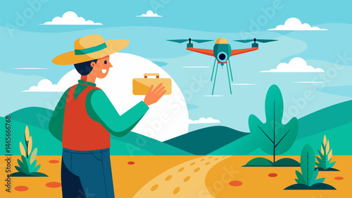A farmer analyzing aerial drone imagery to identify areas of uneven crop growth using data to target specific areas for nutrient application.. Vector illustration