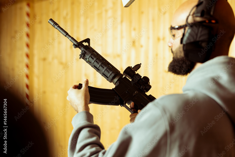 Shooting range customer wearing protective equipment trying rental semiautomatic weapons, doing training. Novice in firing range sharpening rifle using skills, wearing ear muffins, close up