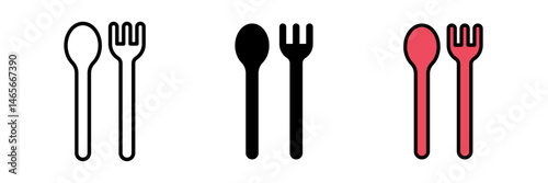 Spoon and Fork Icon vectors set in stroke, Filled and colored for app and website ui designs.