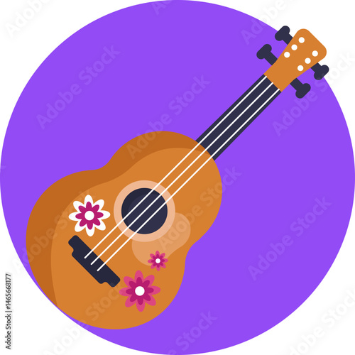 Acoustic guitar symbolizing the music central to hippie culture and gatherings.