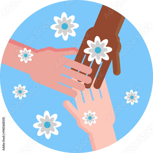 Hands of different skin tones raised together, symbolizing unity and diversity.