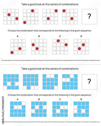 Two IQ questions in which a series of graphic combinations are given and 4 options for choosing the combination that fits exactly as the last element of the series.