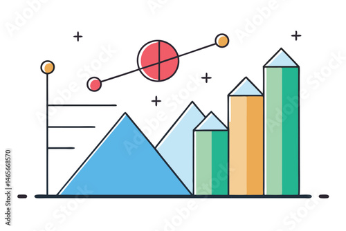 Vector illustration of colorful data visualization with bar graph, line graph, and pie chart showcasing business performance metrics
