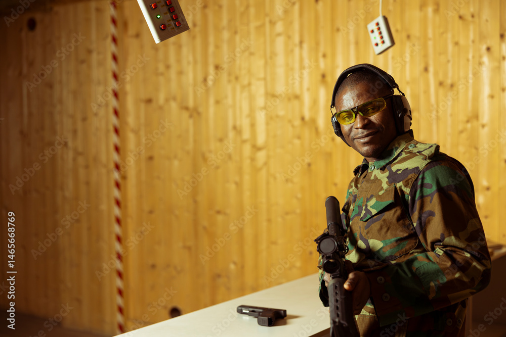 Portrait of smiling soldier in uniform doing training in shooting range, learning to use rifle. Happy military unit in firing range practicing with combat weapons, wearing protective equipment