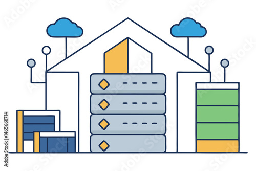 Vector illustration of modern data center architecture with servers and cloud technology integration showcasing efficient storage solutions and connectivity