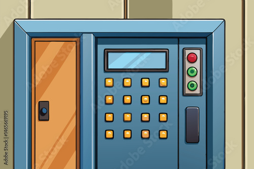 Vector illustration of a modern elevator control panel with buttons and door design in a simple, clean environment