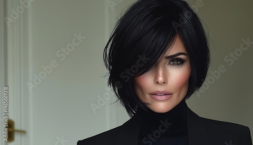 Chic short bob haircut, side-swept bangs, intense gaze