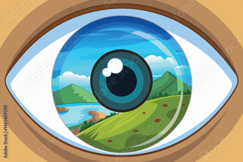 Vector illustration of a human eye reflecting a vibrant landscape with mountains, a river, and lush greenery, showcasing the beauty of nature and visual perception