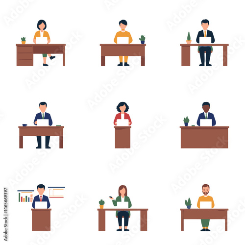 Flat vector set of diverse office workers using laptops at desks and presenting charts