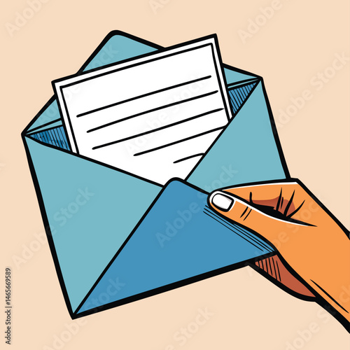 Hand placing a letter into a brown envelope with a blue letter showing, representing communication and mailing activity in a modern context
