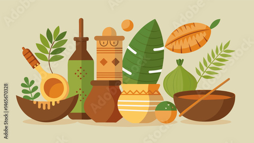 A showcase of indigenous utensils and cooking tools made from natural materials such as gourds and palm leaves.. Vector illustration